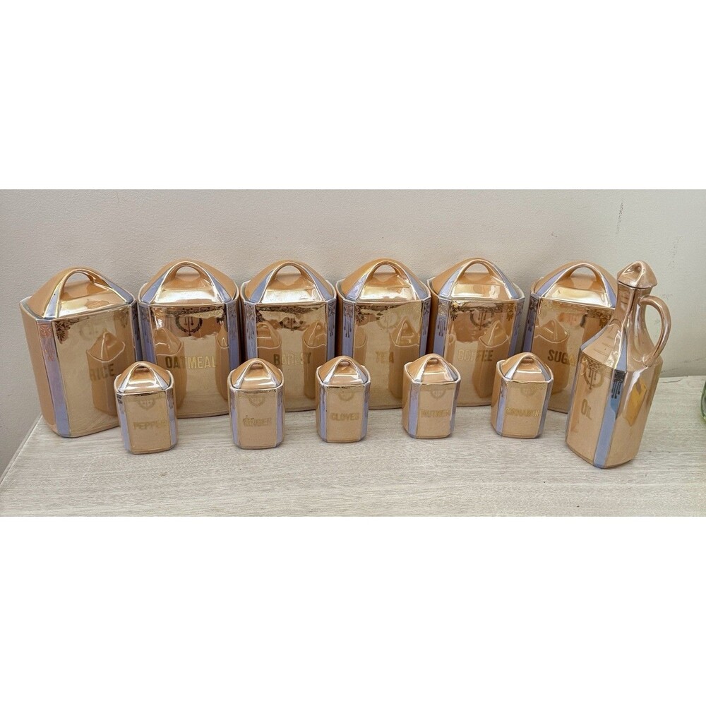 Antique White Block Germany Lusterware Canister Set 12pc Art Deco Spice Oil Jar
